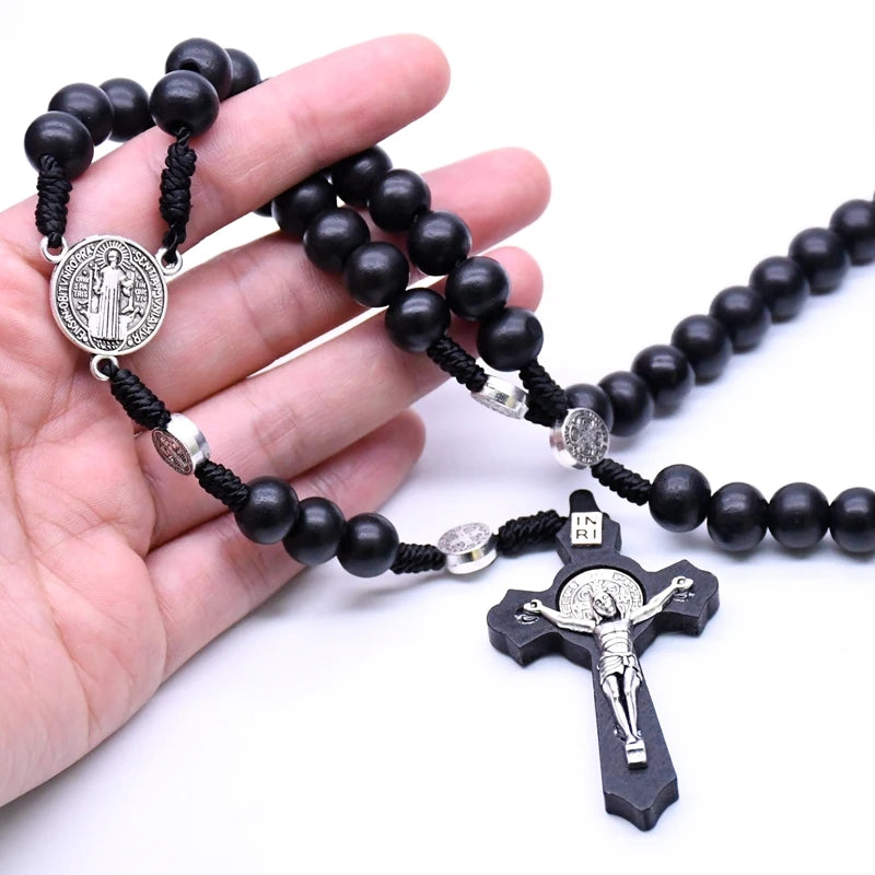 QIGO Religious Wooden Antique Black Cross Rosary Pendant Necklaces Jesus Saint Benedict Beaded Necklace for Men Women Jewelry