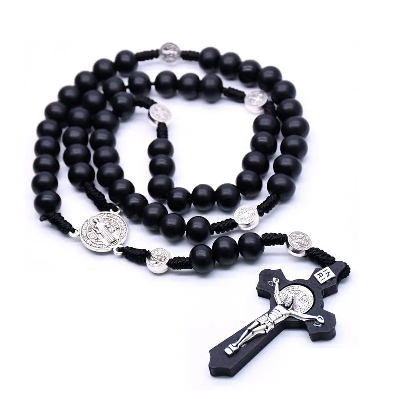 QIGO Religious Wooden Antique Black Cross Rosary Pendant Necklaces Jesus Saint Benedict Beaded Necklace for Men Women Jewelry