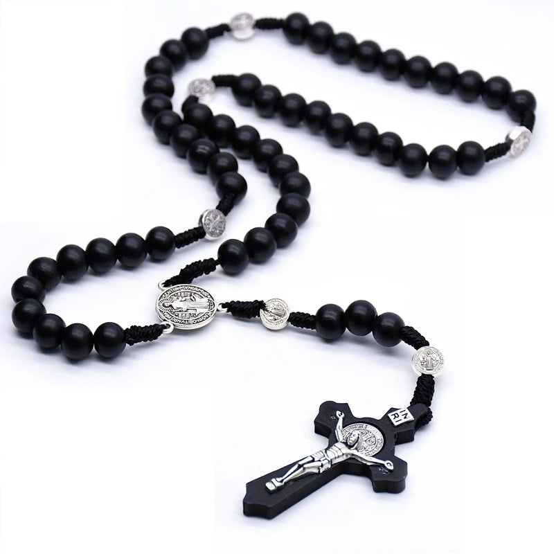 QIGO Religious Wooden Antique Black Cross Rosary Pendant Necklaces Jesus Saint Benedict Beaded Necklace for Men Women Jewelry