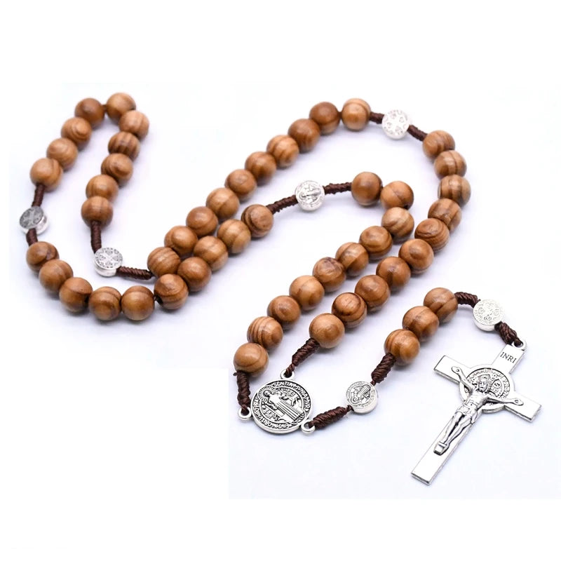 QIGO Religious Wooden Antique Black Cross Rosary Pendant Necklaces Jesus Saint Benedict Beaded Necklace for Men Women Jewelry