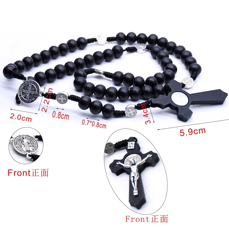 QIGO Religious Wooden Antique Black Cross Rosary Pendant Necklaces Jesus Saint Benedict Beaded Necklace for Men Women Jewelry