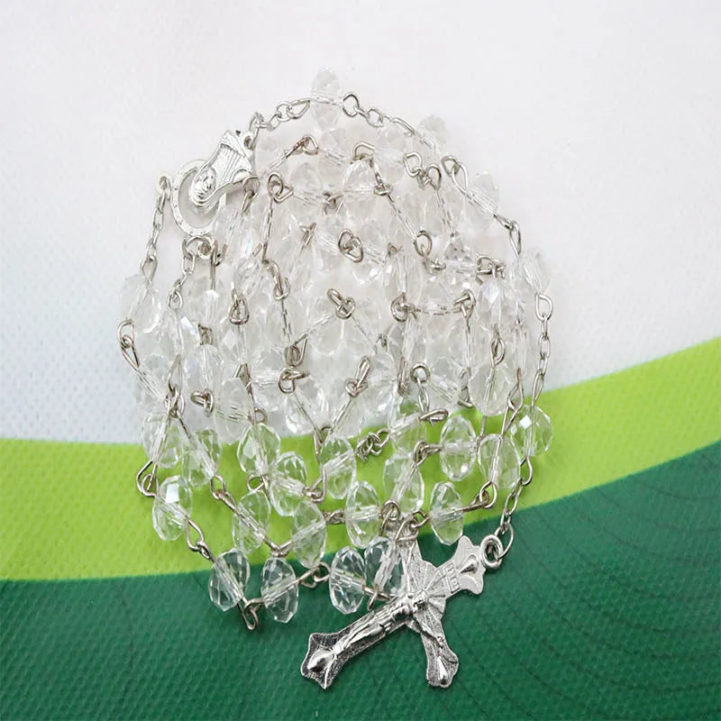 8mm pearl crystal rosary necklace, charm rosary crystal blessing necklace, Santa Maria center crystal jewelry necklace