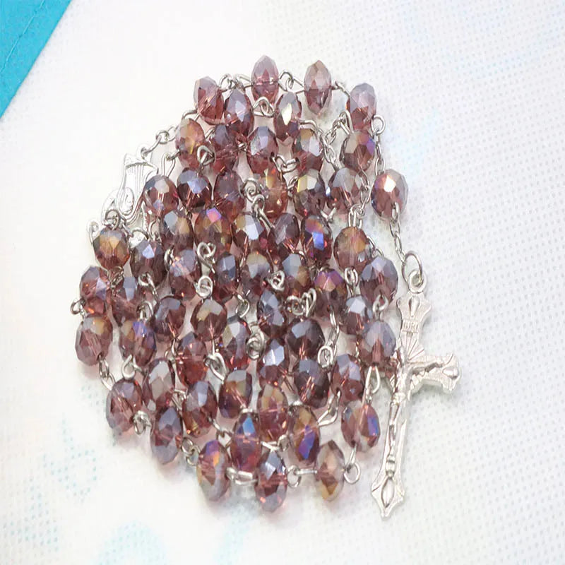 8mm pearl crystal rosary necklace, charm rosary crystal blessing necklace, Santa Maria center crystal jewelry necklace