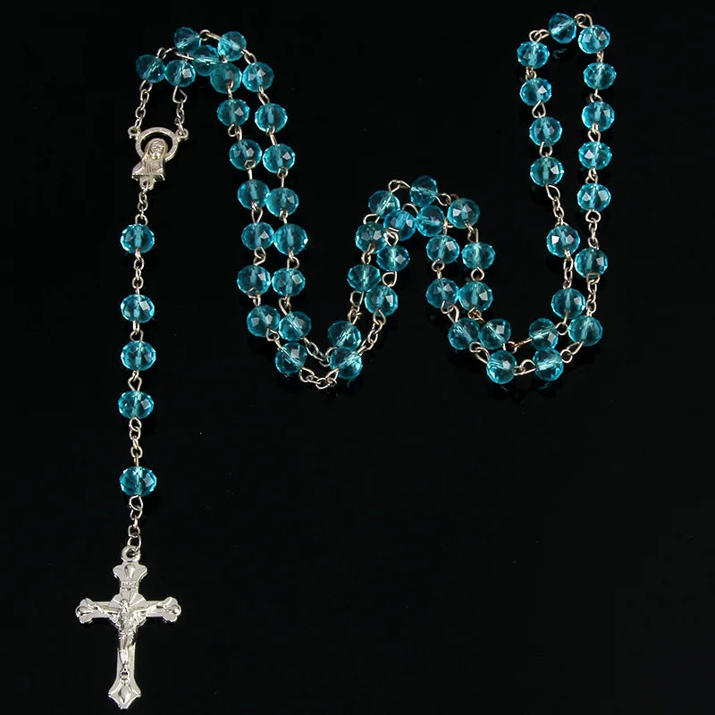 8mm pearl crystal rosary necklace, charm rosary crystal blessing necklace, Santa Maria center crystal jewelry necklace