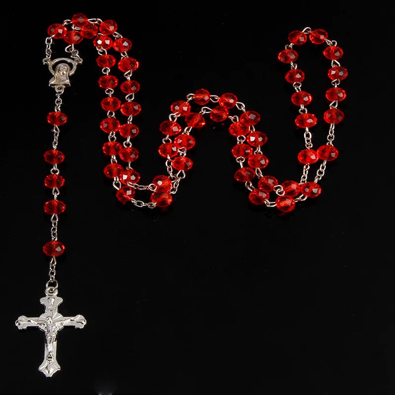 8mm pearl crystal rosary necklace, charm rosary crystal blessing necklace, Santa Maria center crystal jewelry necklace