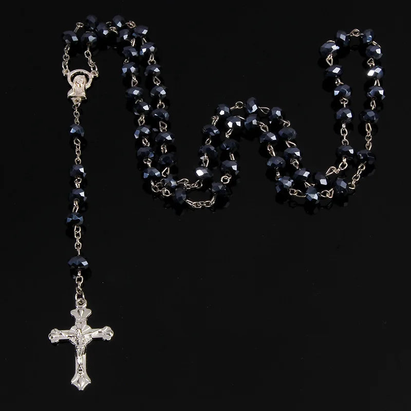 8mm pearl crystal rosary necklace, charm rosary crystal blessing necklace, Santa Maria center crystal jewelry necklace