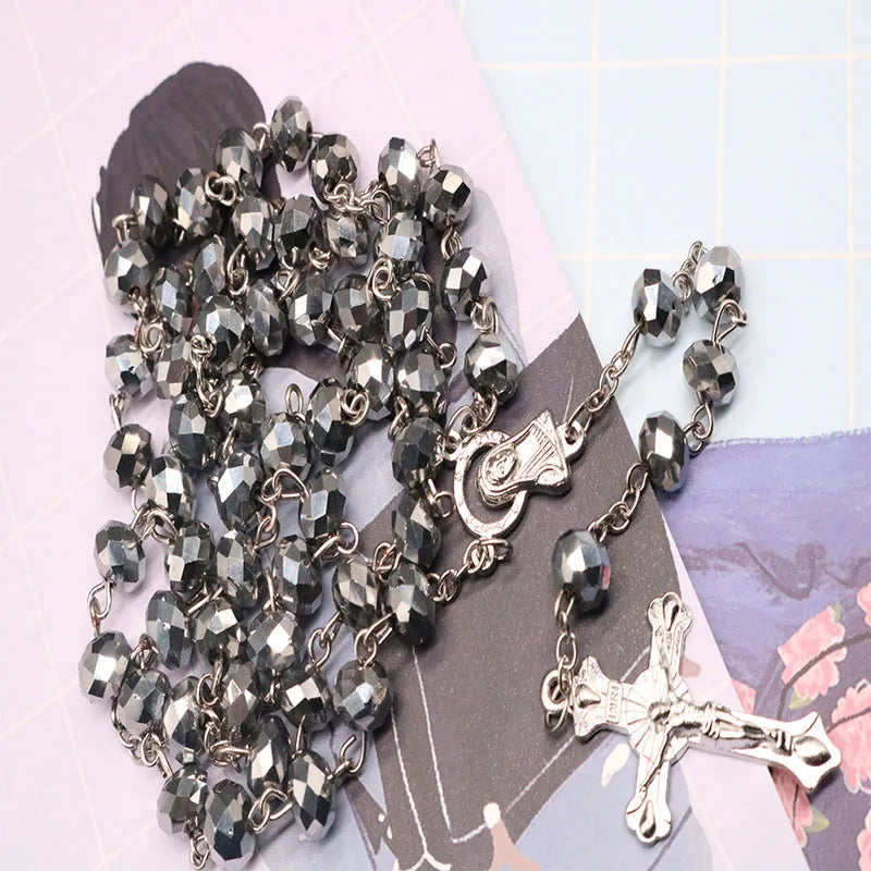 8mm pearl crystal rosary necklace, charm rosary crystal blessing necklace, Santa Maria center crystal jewelry necklace