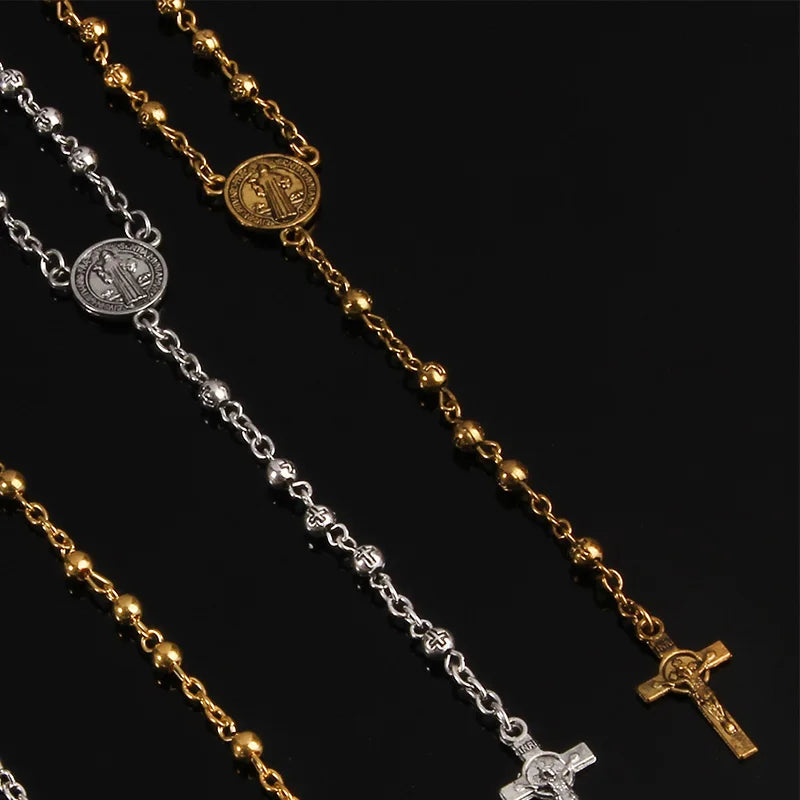 Stainless steel rosary beads 4mm bead necklace, small rosary necklace, ladies jewelry necklace Jesus cross necklace.