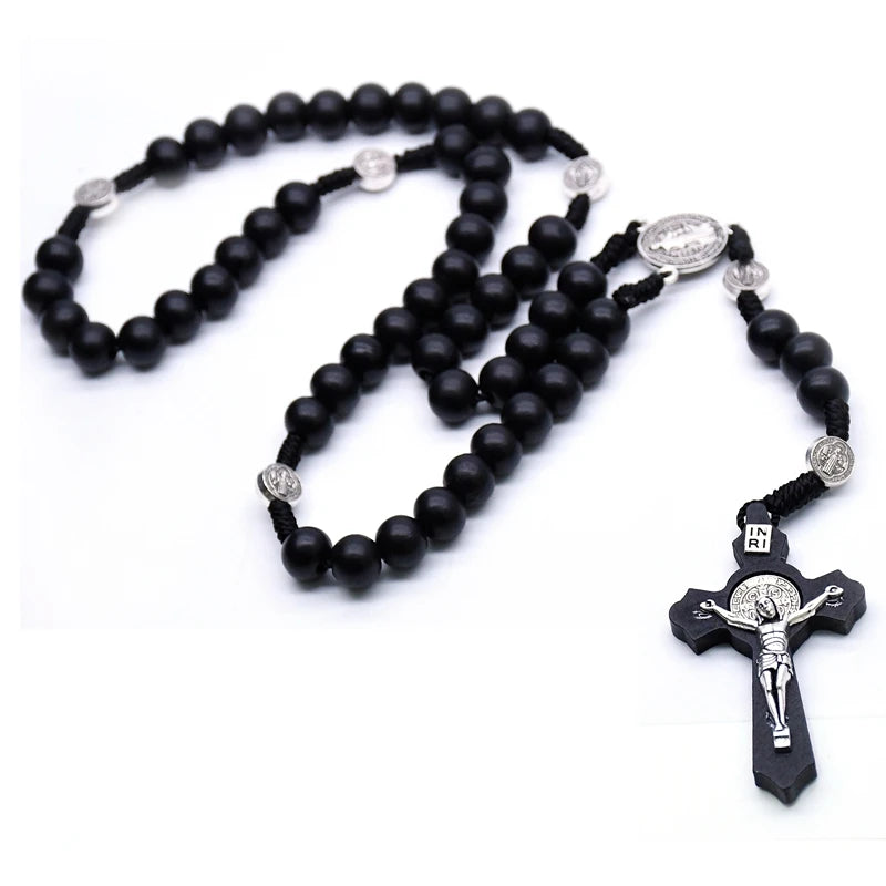 QIGO Religious Wooden Antique Black Cross Rosary Pendant Necklaces Jesus Saint Benedict Beaded Necklace for Men Women Jewelry