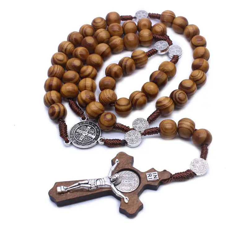 QIGO Religious Wooden Antique Black Cross Rosary Pendant Necklaces Jesus Saint Benedict Beaded Necklace for Men Women Jewelry