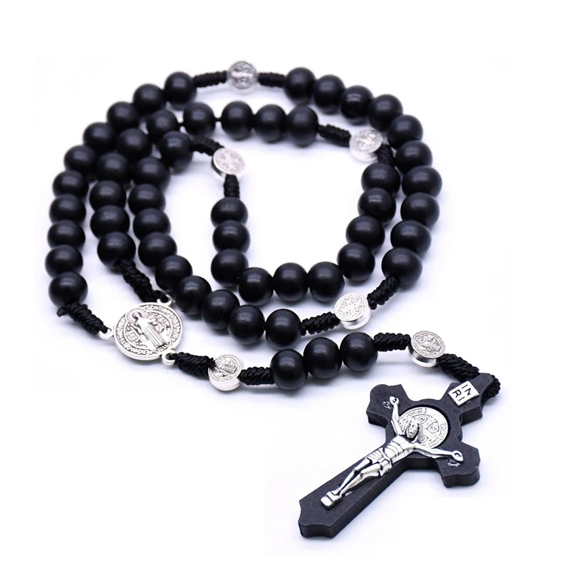 QIGO Religious Wooden Antique Black Cross Rosary Pendant Necklaces Jesus Saint Benedict Beaded Necklace for Men Women Jewelry