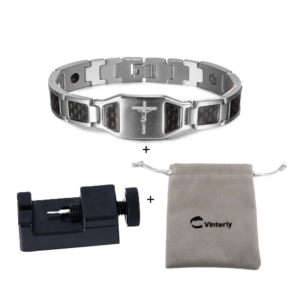 Jesus Magnetic Bracelet Homme Black Carbon Fibre Luxury Stainless Steel 21CM Health Energy Magnet Jewelry Benefits Waterproof
