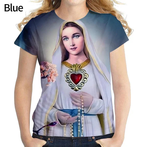 Women Fashion Virgin Mary 3D Printing T Shirt Summer Christian Mother of God Personality Short Sleeved Blouse