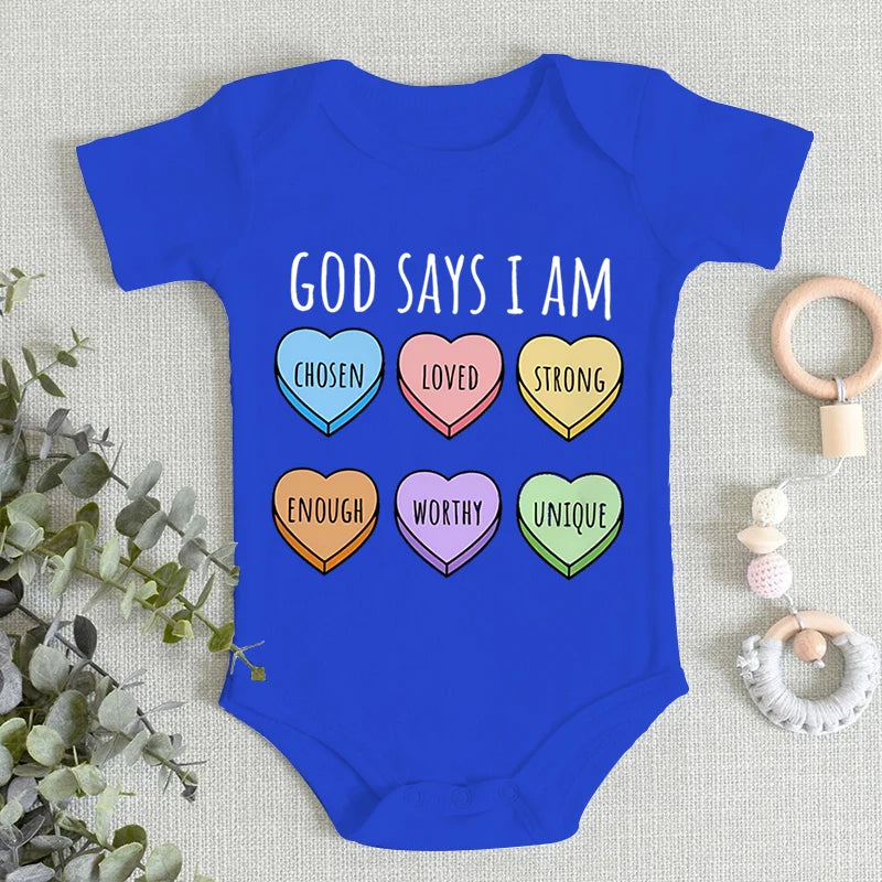 Sweet Heart Graphics Baby Boys Girls Bodysuit "God Says I Am..."print Short Sleeve Cotton Baby Clothes 3-24M Newborn Jumpsuit