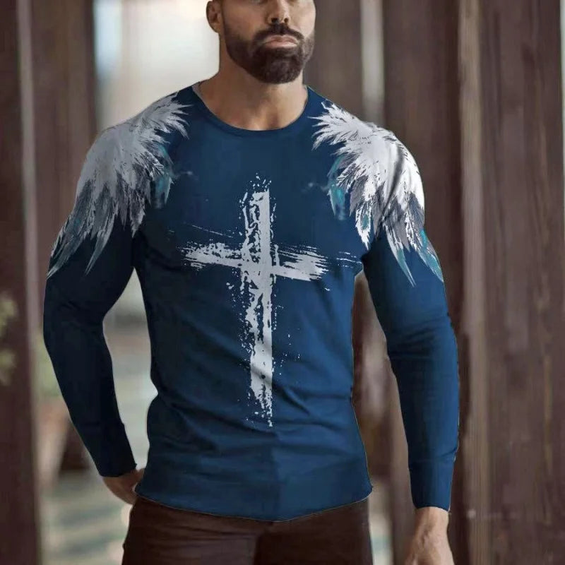 Christ Jesus Pattern T-Shirt For Men Colorful Cross Wings 3D Print T Shirts Autumn Casual Loose Round Neck Tops Tees Long Sleeve