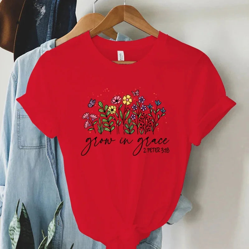 Grow in Grace 2 Peter 3:18 Graphics T Shirt Women Christian Religious Faith T-shirt Summer Vintage Boho Shirt Women Faith Tshirt