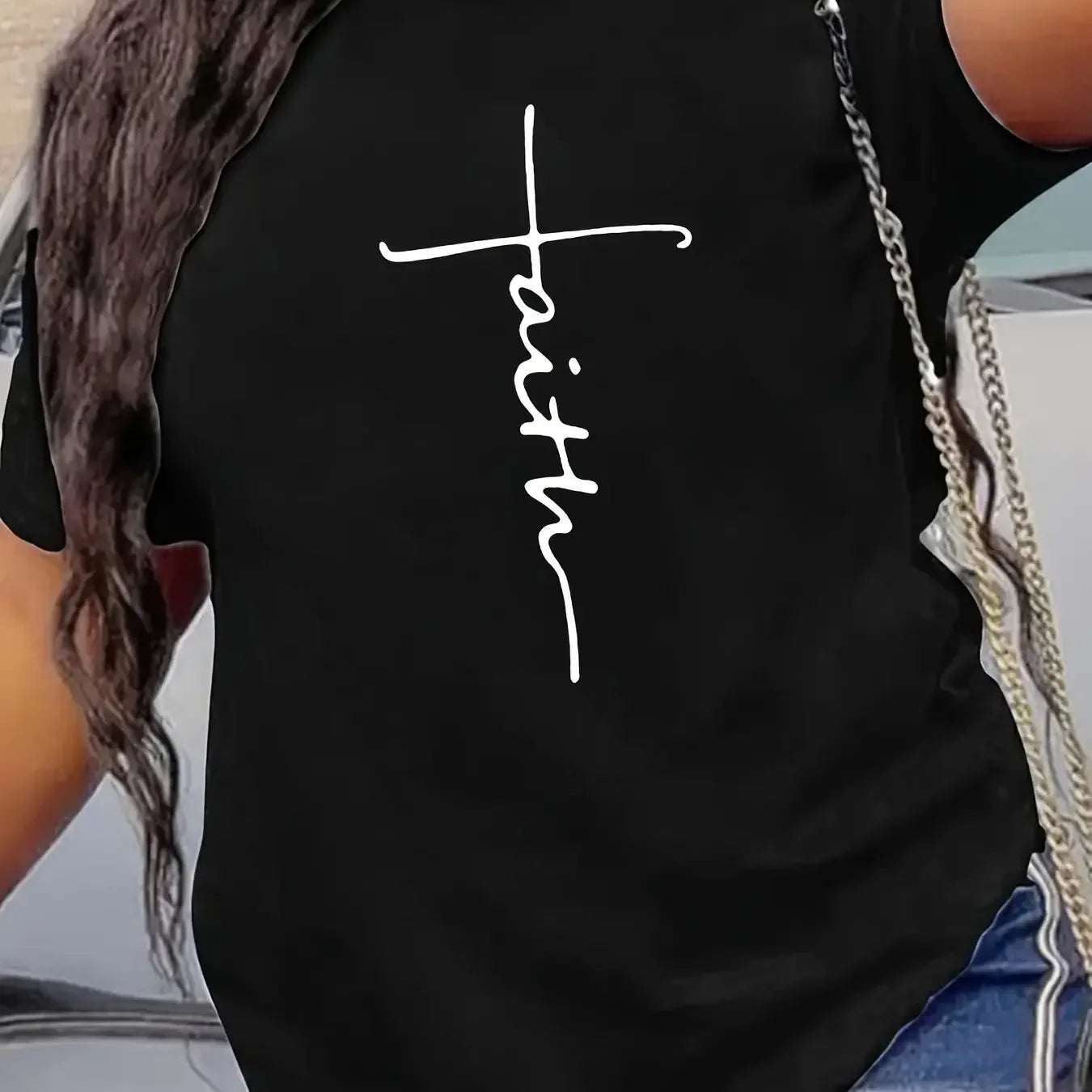 Faith & Cross Print Crew Neck Graphic T-shirt, Solid Short Sleeve Fashion Loose Tee, Women's Tops