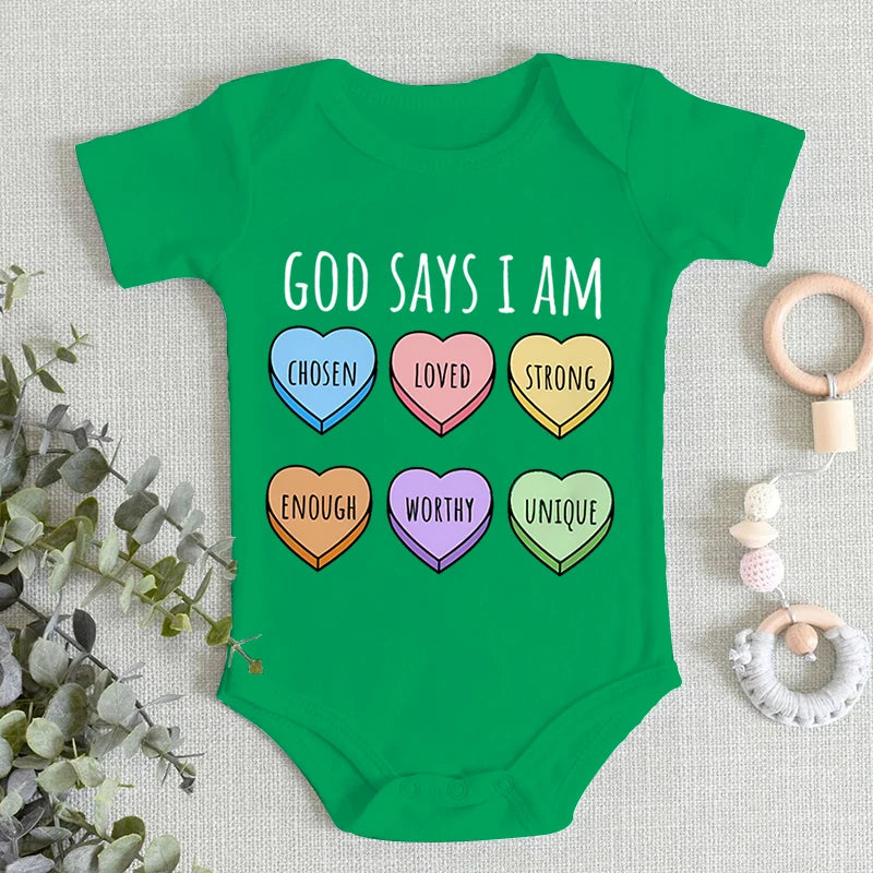 Sweet Heart Graphics Baby Boys Girls Bodysuit "God Says I Am..."print Short Sleeve Cotton Baby Clothes 3-24M Newborn Jumpsuit