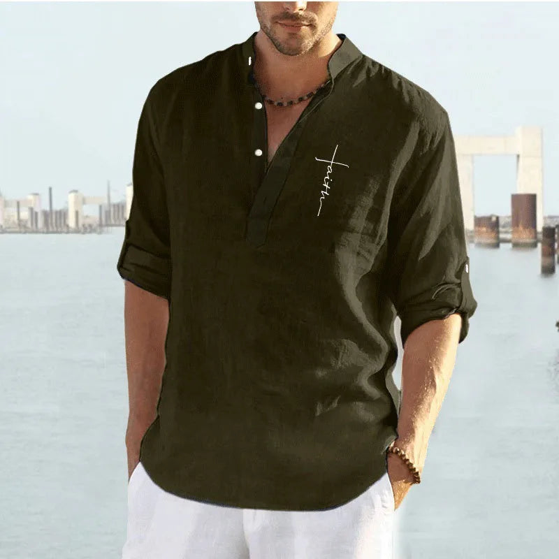 Faith Letter 3D Printed Henley Shirts Men's Fashion Streetwear Oversized Stand Collar Long Sleeve Shirt Tops Blouse Man Clothing