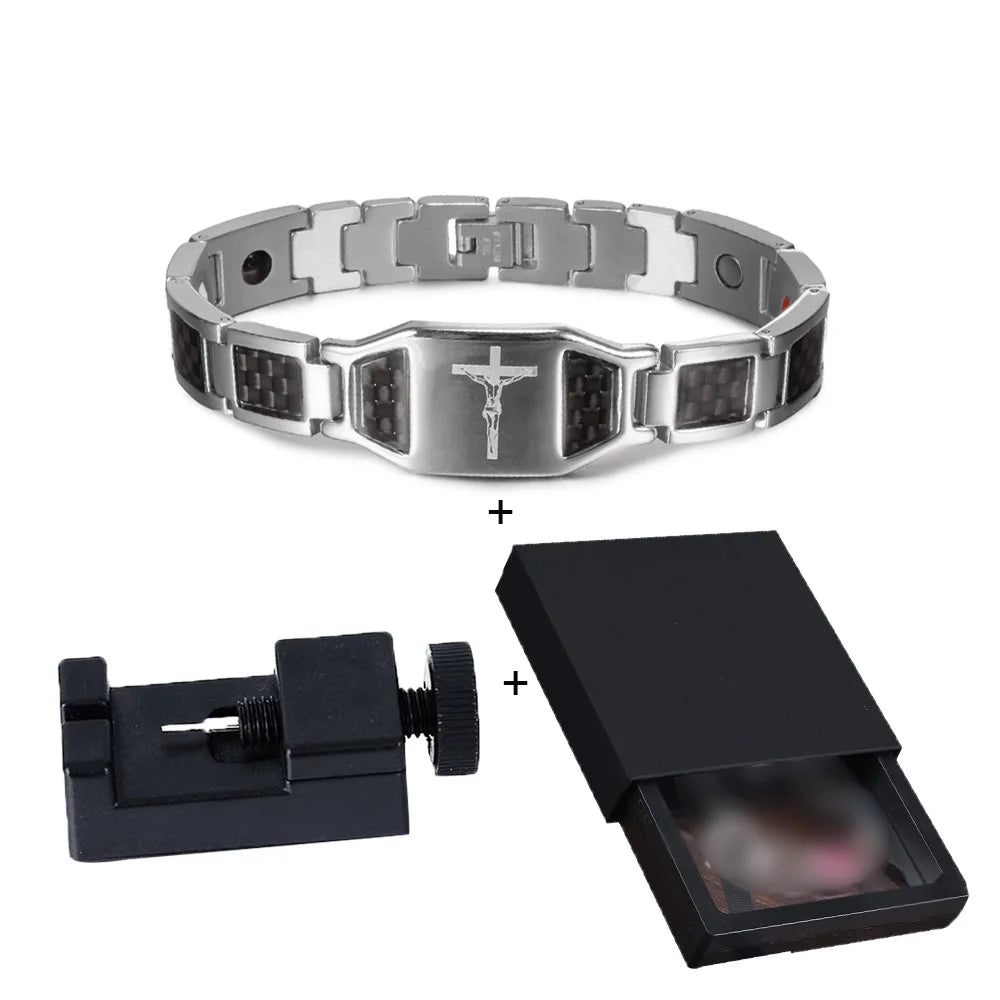 Jesus Magnetic Bracelet Homme Black Carbon Fibre Luxury Stainless Steel 21CM Health Energy Magnet Jewelry Benefits Waterproof