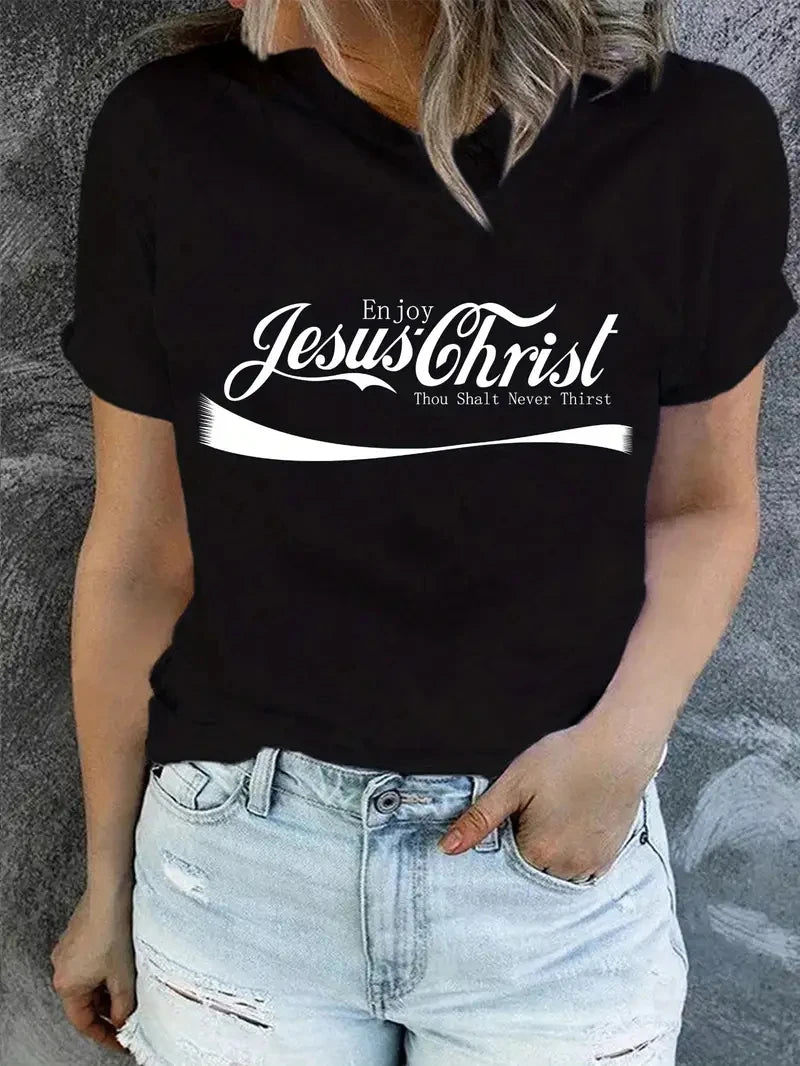 Jesus Enjoy christ Print T-Shirt, Short Sleeve Crew Neck Casual Top For Spring & Summer, Women's Clothing casual basics O-collar