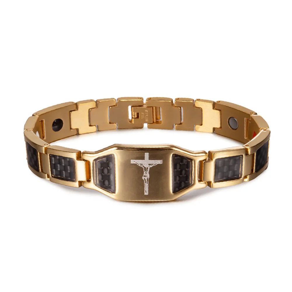 Jesus Magnetic Bracelet Homme Black Carbon Fibre Luxury Stainless Steel 21CM Health Energy Magnet Jewelry Benefits Waterproof