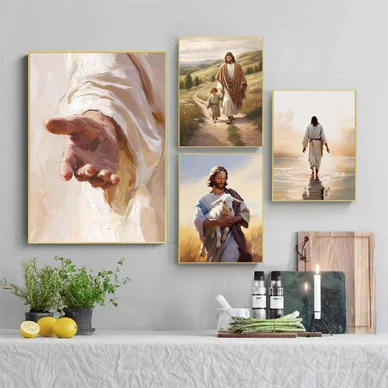 Jesus Christ Walking on Water Hand of God Jesus Portrait Classic Retro Poster Canvas Paintings Wall Art Pictures Home Decor