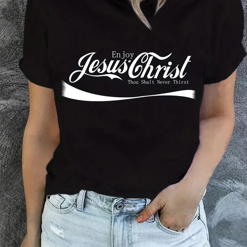 Jesus Enjoy christ Print T-Shirt, Short Sleeve Crew Neck Casual Top For Spring & Summer, Women's Clothing casual basics O-collar