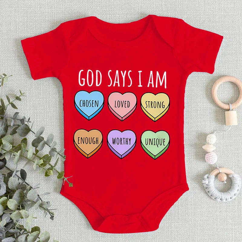Sweet Heart Graphics Baby Boys Girls Bodysuit "God Says I Am..."print Short Sleeve Cotton Baby Clothes 3-24M Newborn Jumpsuit