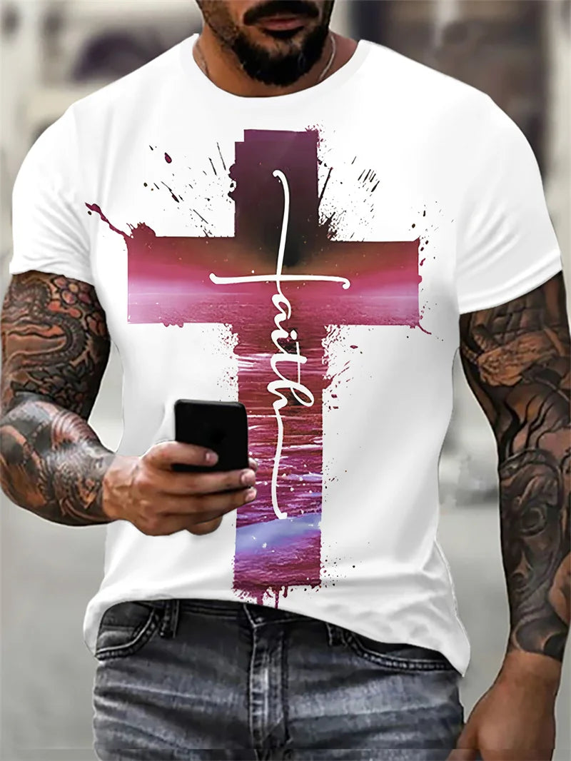 Men's Jesus Letters Pattern Fashion T-Shirts Short Sleeve 3D Printed Street Summer T Shirt 6XL Large Size Loose Casual Tops