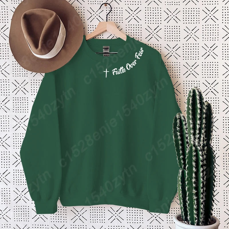 Christian Sweatshirt, Faith Over Fear Letter Print Sweatshirts, Long Sleeves Crew Neck, Religious Shirts,Trendy Christian Gifts