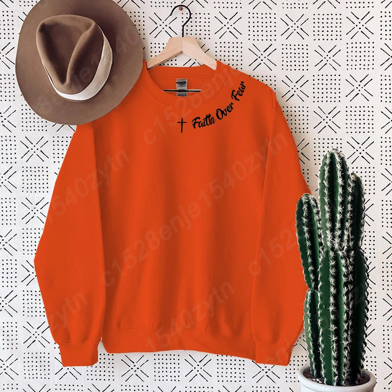 Christian Sweatshirt, Faith Over Fear Letter Print Sweatshirts, Long Sleeves Crew Neck, Religious Shirts,Trendy Christian Gifts