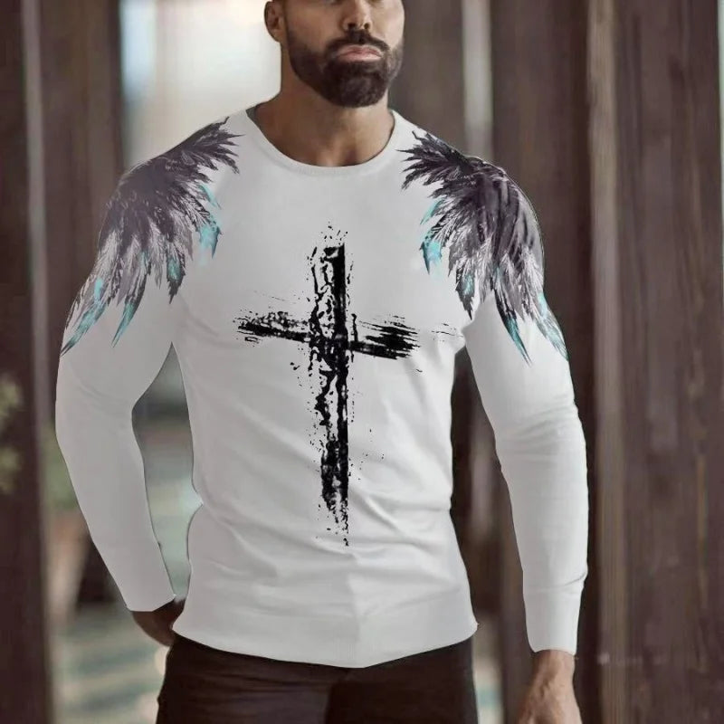 Christ Jesus Pattern T-Shirt For Men Colorful Cross Wings 3D Print T Shirts Autumn Casual Loose Round Neck Tops Tees Long Sleeve