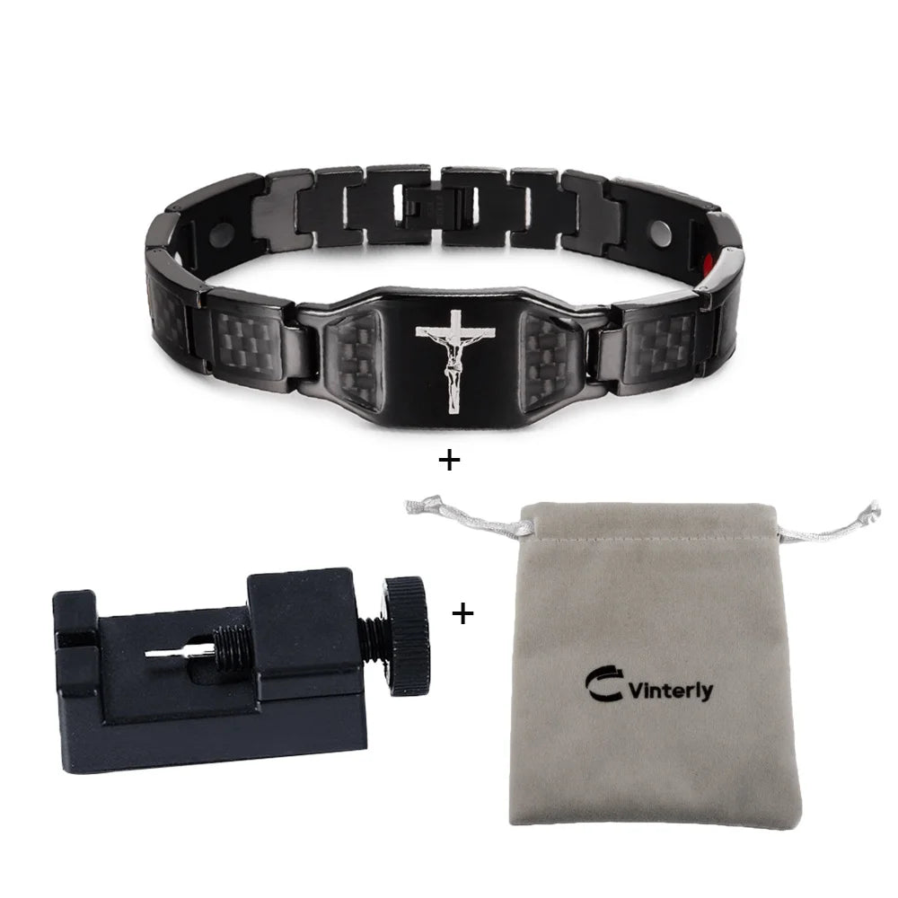 Jesus Magnetic Bracelet Homme Black Carbon Fibre Luxury Stainless Steel 21CM Health Energy Magnet Jewelry Benefits Waterproof
