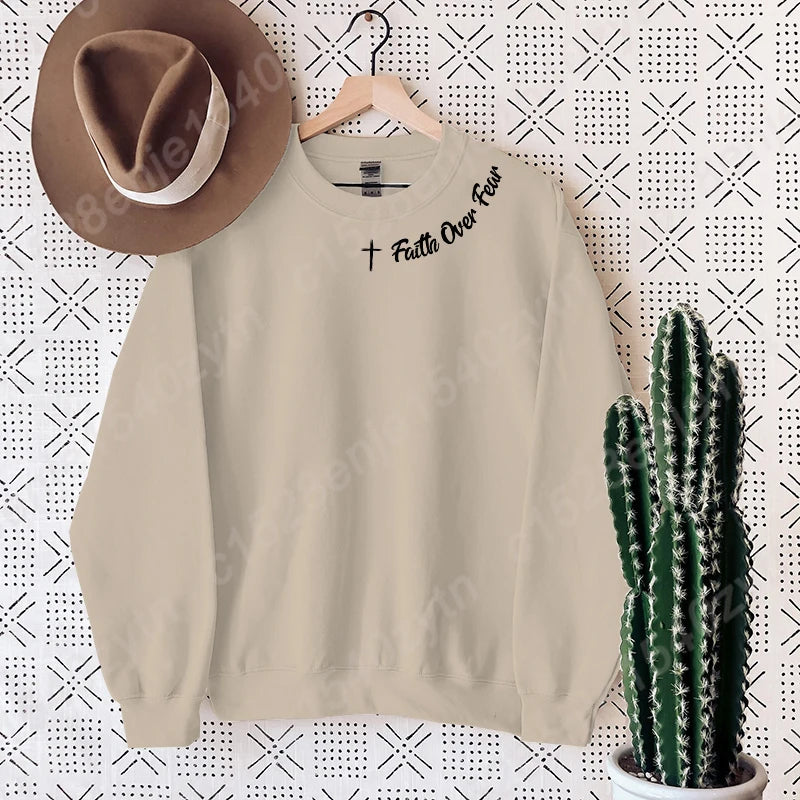 Christian Sweatshirt, Faith Over Fear Letter Print Sweatshirts, Long Sleeves Crew Neck, Religious Shirts,Trendy Christian Gifts