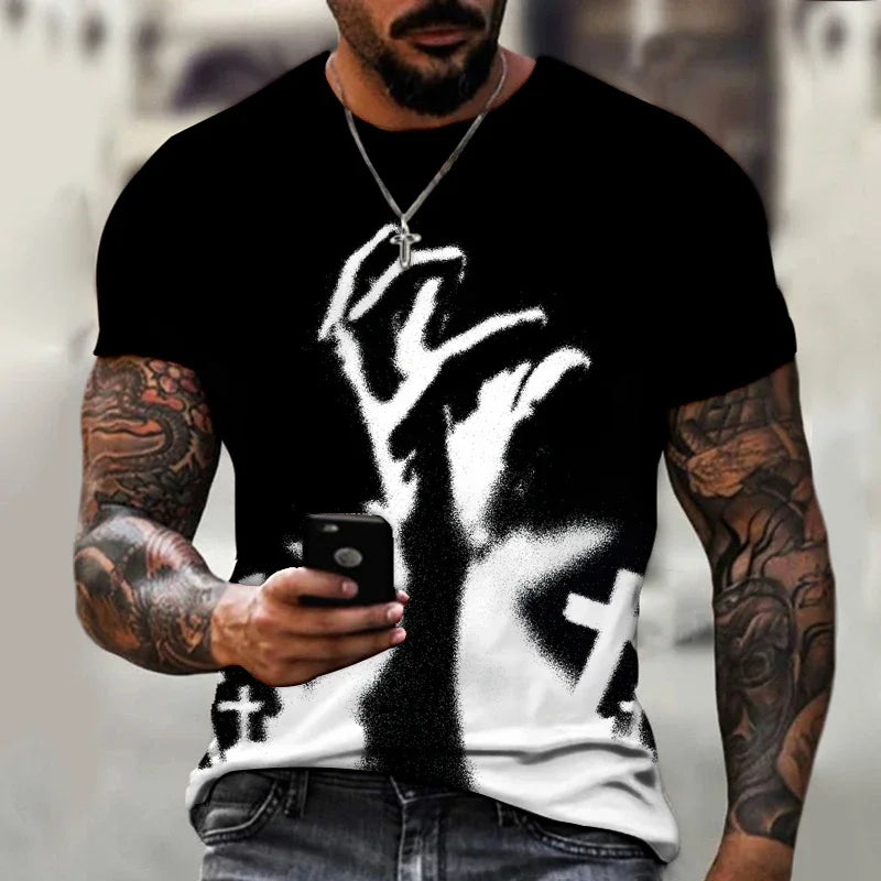 God Religion Christ Jesus Cross Print Summer Men's Round Neck T-shirt Casual Short Sleeve Oversized T Shirt Fashion Men Clothing