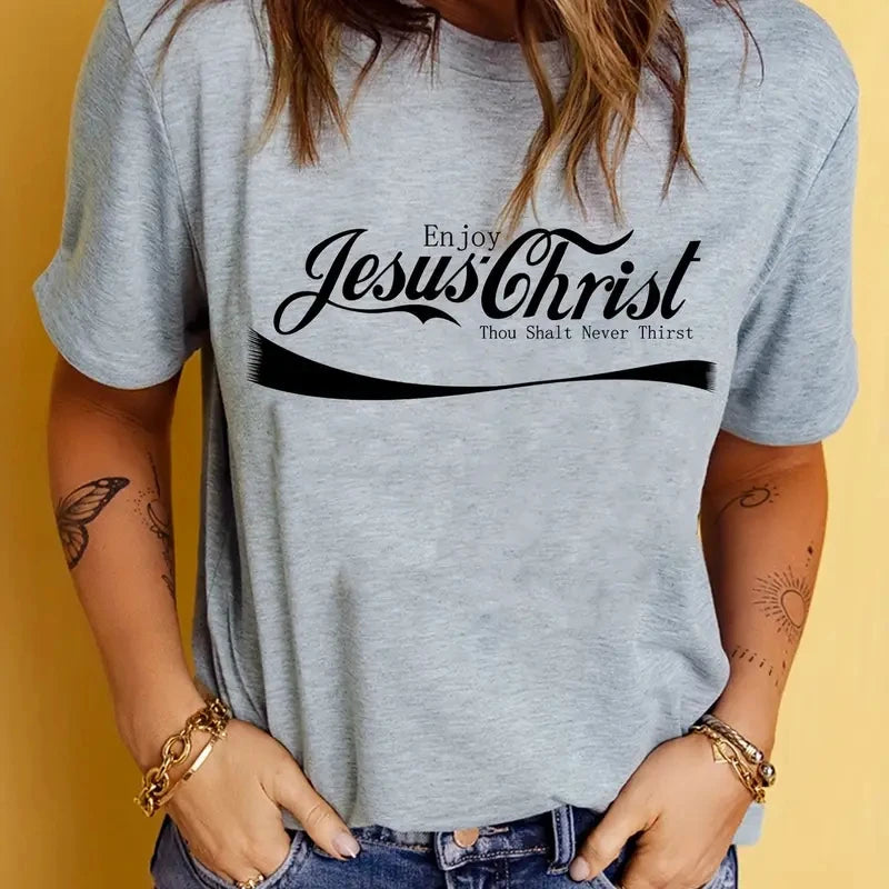 Jesus Enjoy christ Print T-Shirt, Short Sleeve Crew Neck Casual Top For Spring & Summer, Women's Clothing casual basics O-collar