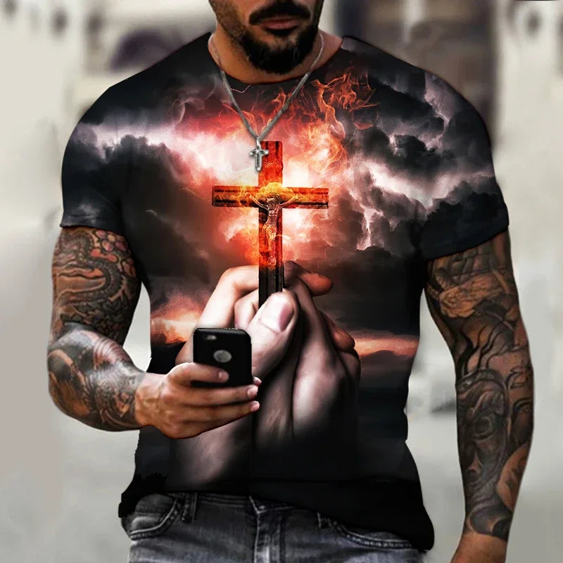 God Religion Christ Jesus Cross Print Summer Men's Round Neck T-shirt Casual Short Sleeve Oversized T Shirt Fashion Men Clothing