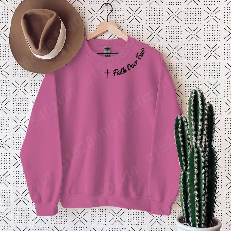 Christian Sweatshirt, Faith Over Fear Letter Print Sweatshirts, Long Sleeves Crew Neck, Religious Shirts,Trendy Christian Gifts