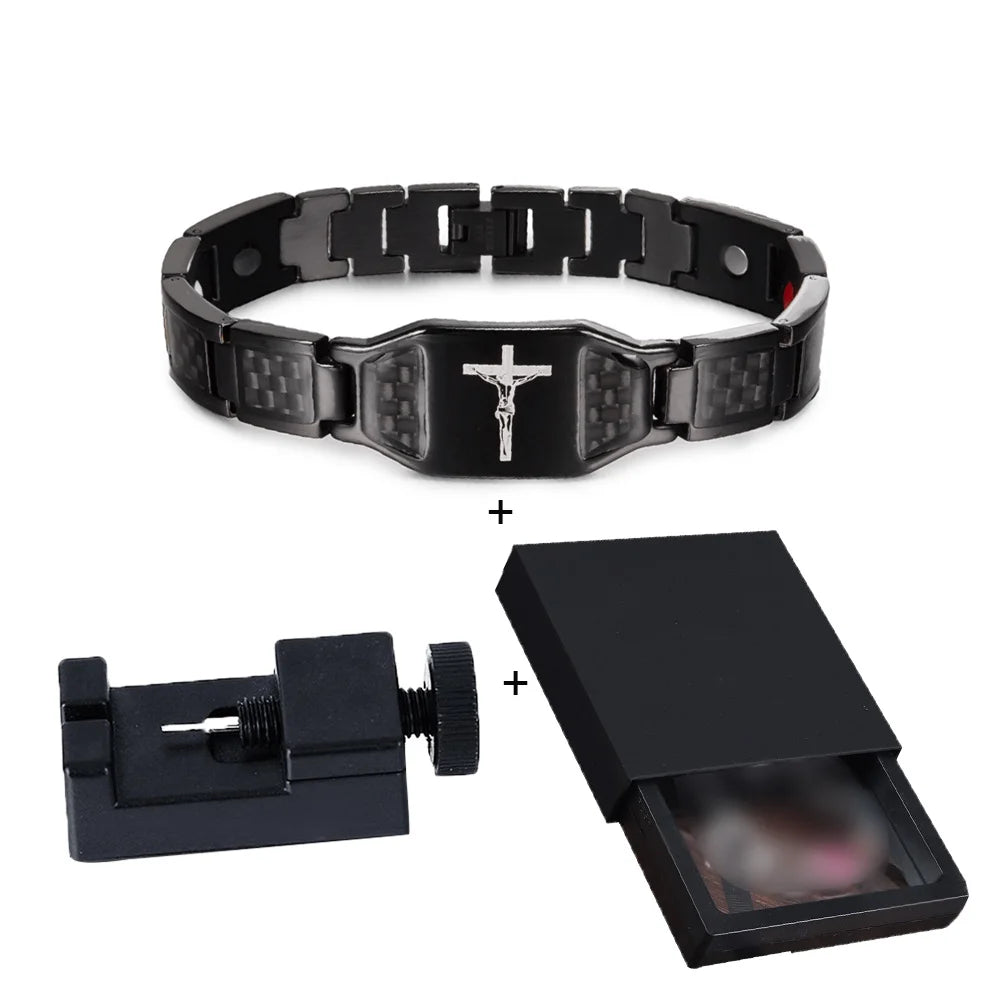 Jesus Magnetic Bracelet Homme Black Carbon Fibre Luxury Stainless Steel 21CM Health Energy Magnet Jewelry Benefits Waterproof