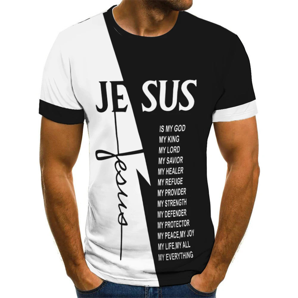 Men's Jesus Letters Pattern Fashion T-Shirts Short Sleeve 3D Printed Street Summer T Shirt 6XL Large Size Loose Casual Tops
