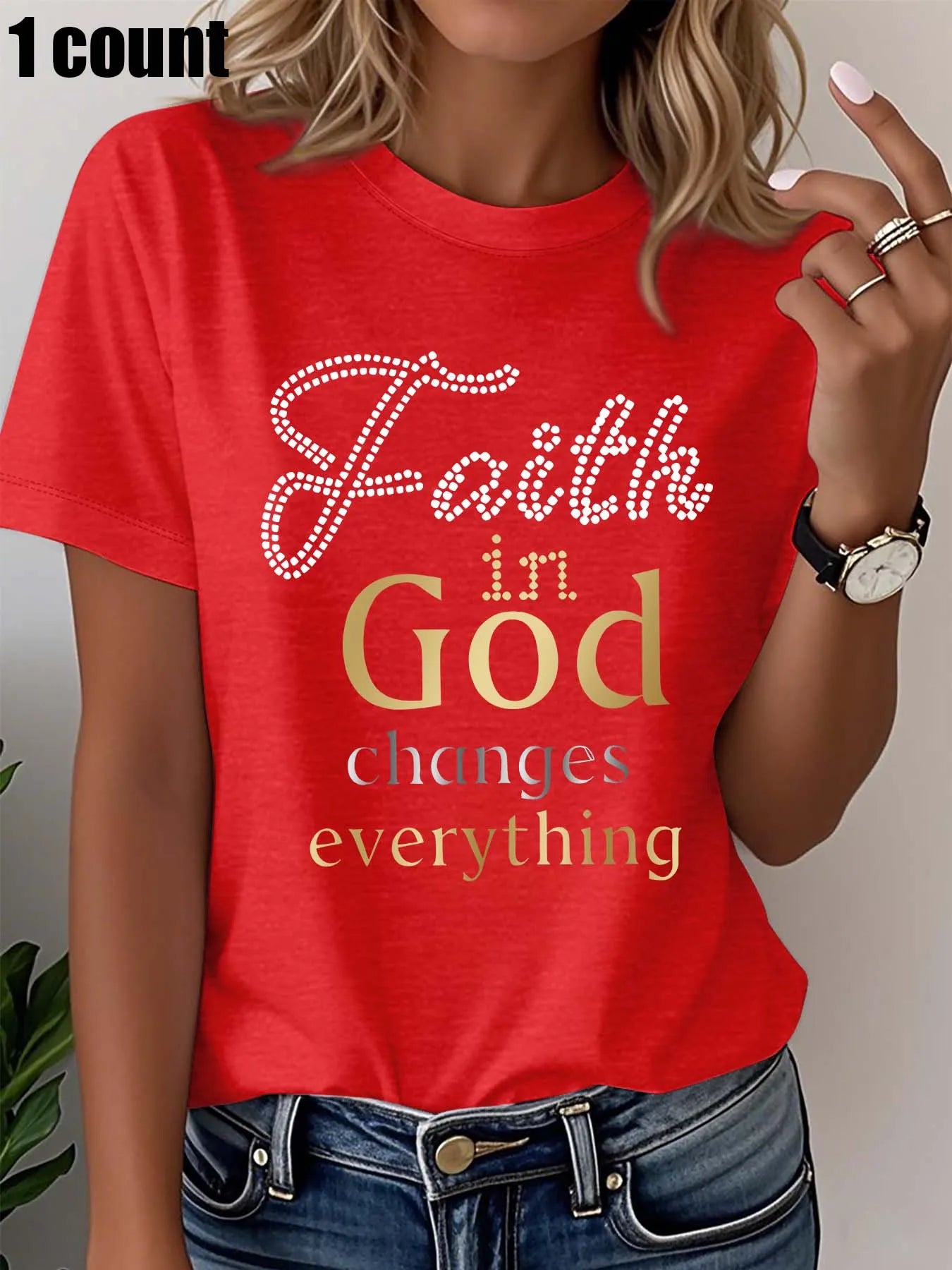 Plus Size Women's White T - Shirt with "Faith in God Changes Everything" Rhinestone Graphic Casual Loose Fit Short Sleeve Top