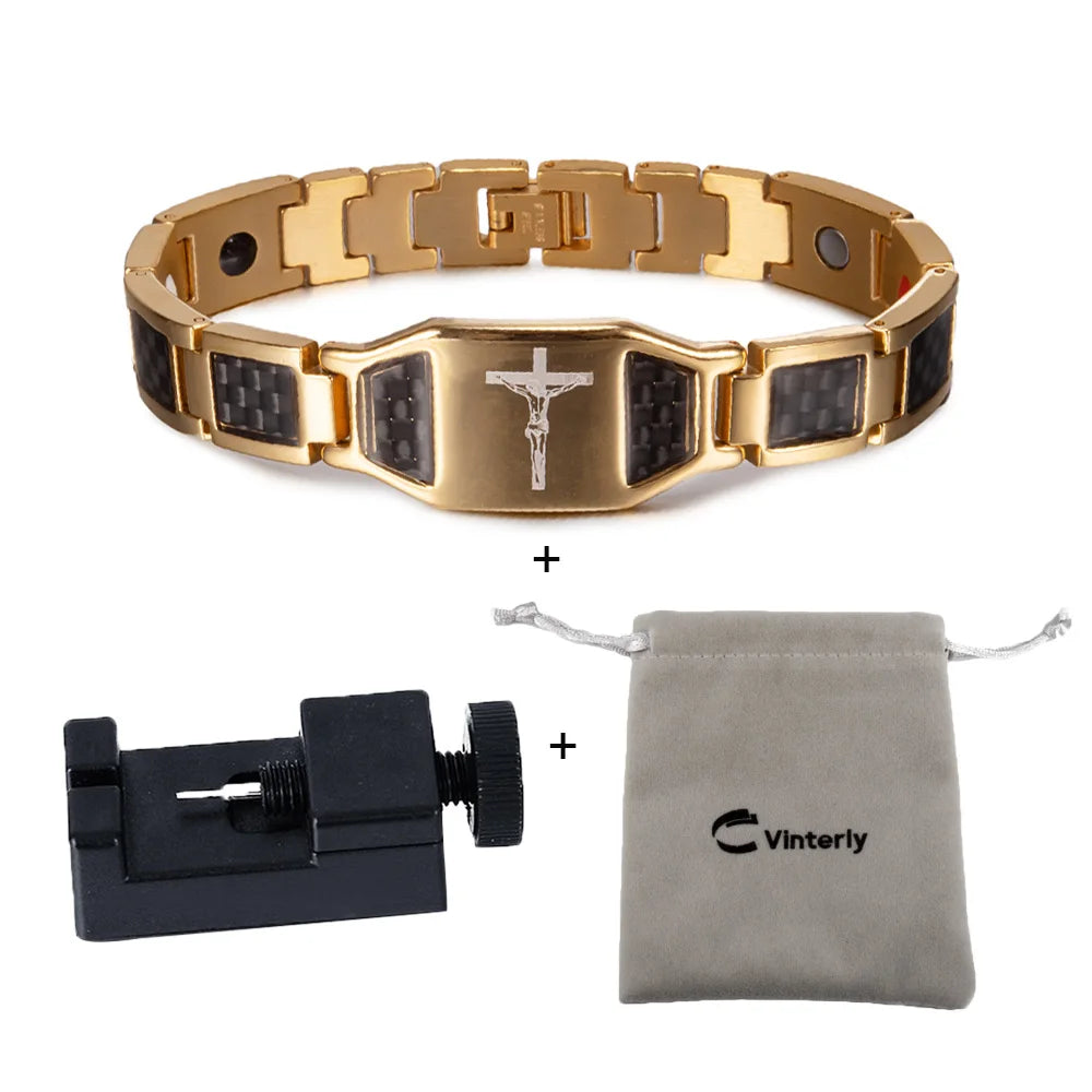Jesus Magnetic Bracelet Homme Black Carbon Fibre Luxury Stainless Steel 21CM Health Energy Magnet Jewelry Benefits Waterproof