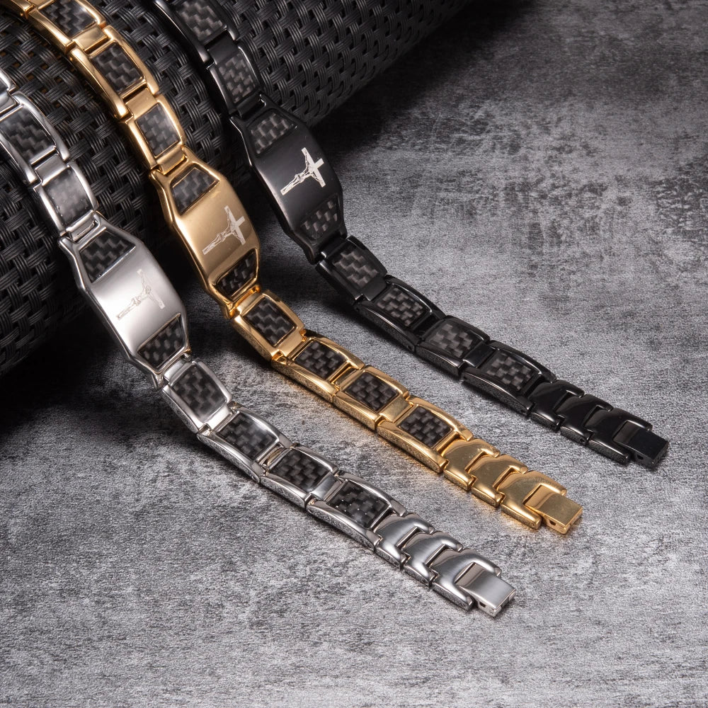 Jesus Magnetic Bracelet Homme Black Carbon Fibre Luxury Stainless Steel 21CM Health Energy Magnet Jewelry Benefits Waterproof