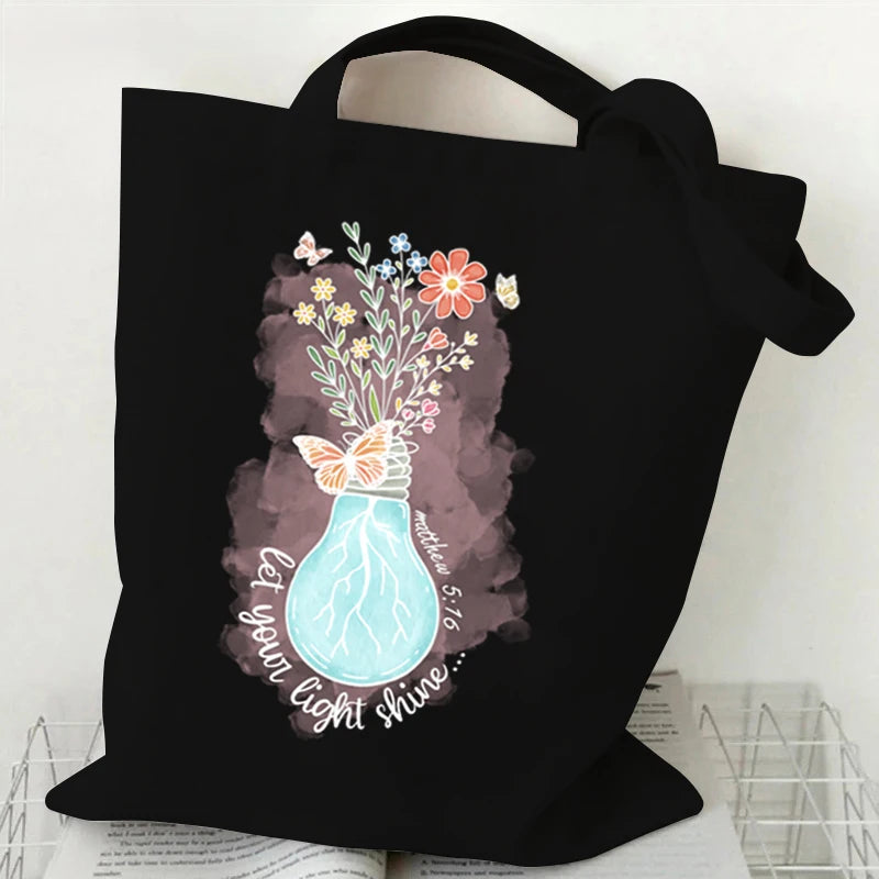 Faith Hope Love Pattern Canvas Shoulder Bag Boho Vintage Wildflower Versatile Storage Bags Christians Faith Gift Women's Handbag