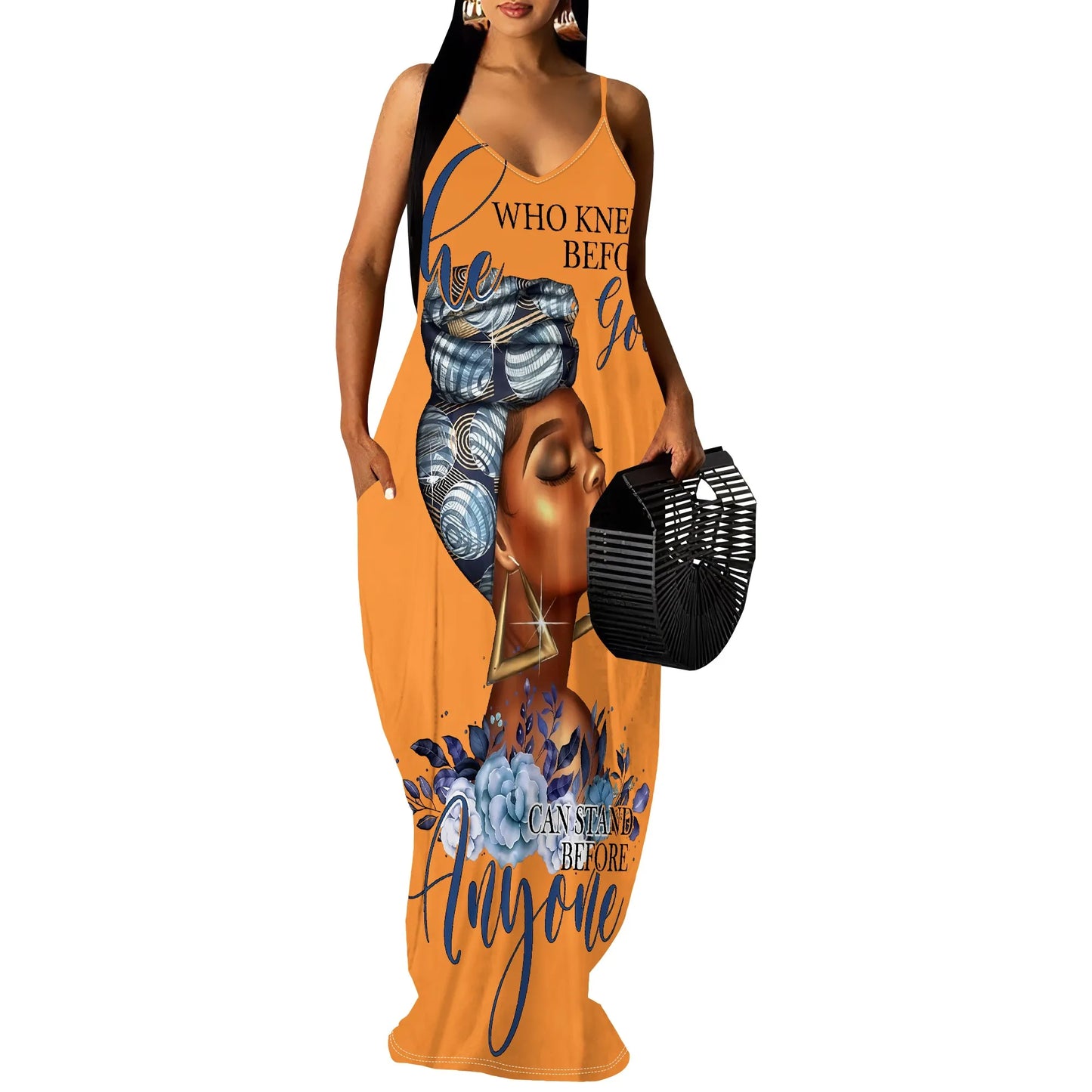 Faith Print Maxi Dress for Black Women S-3XL Afro Spiritual Sleeveless Long Dress with Quote “Kneel Before God”