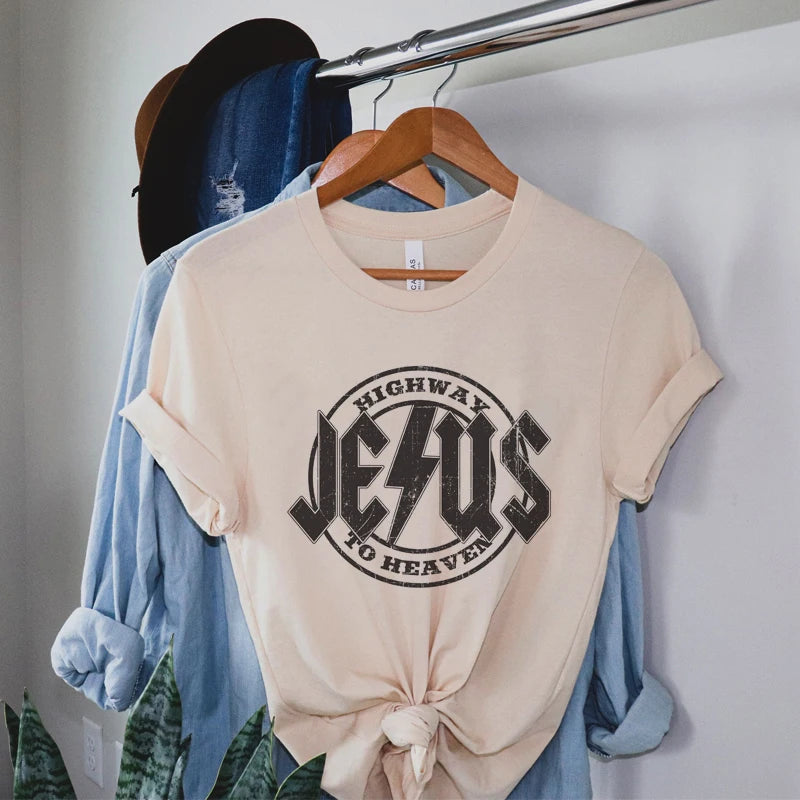 Jesus Highway Faith Christian T-Shirts for Women Cute Funny Religious Tshirts Retro Boho Bible Verse Tee Shirt Vintage Tops Gift