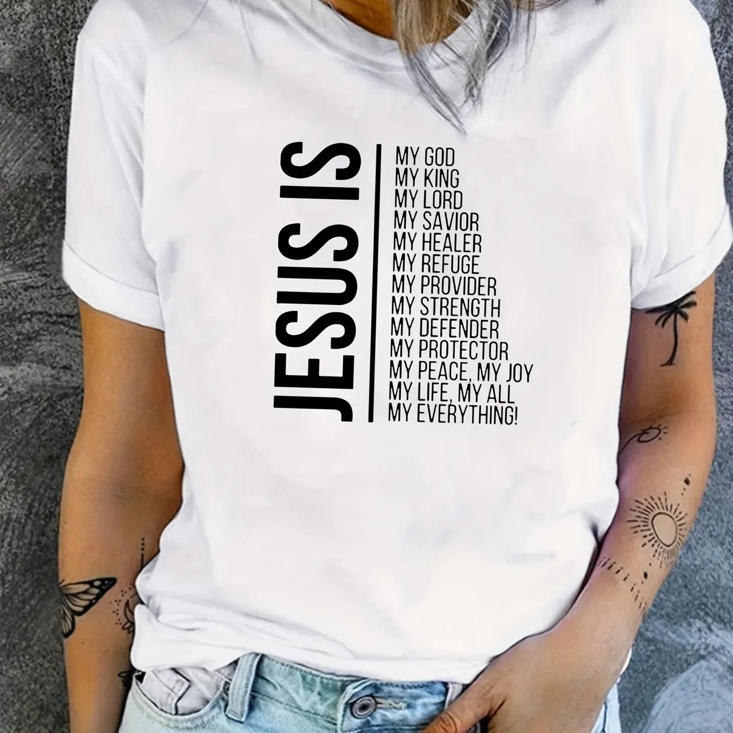 Jesus Is Print Faith Graphic T-Shirt, Short Sleeve Crew Neck Casual Top For Spring & Summer, Women's Clothing