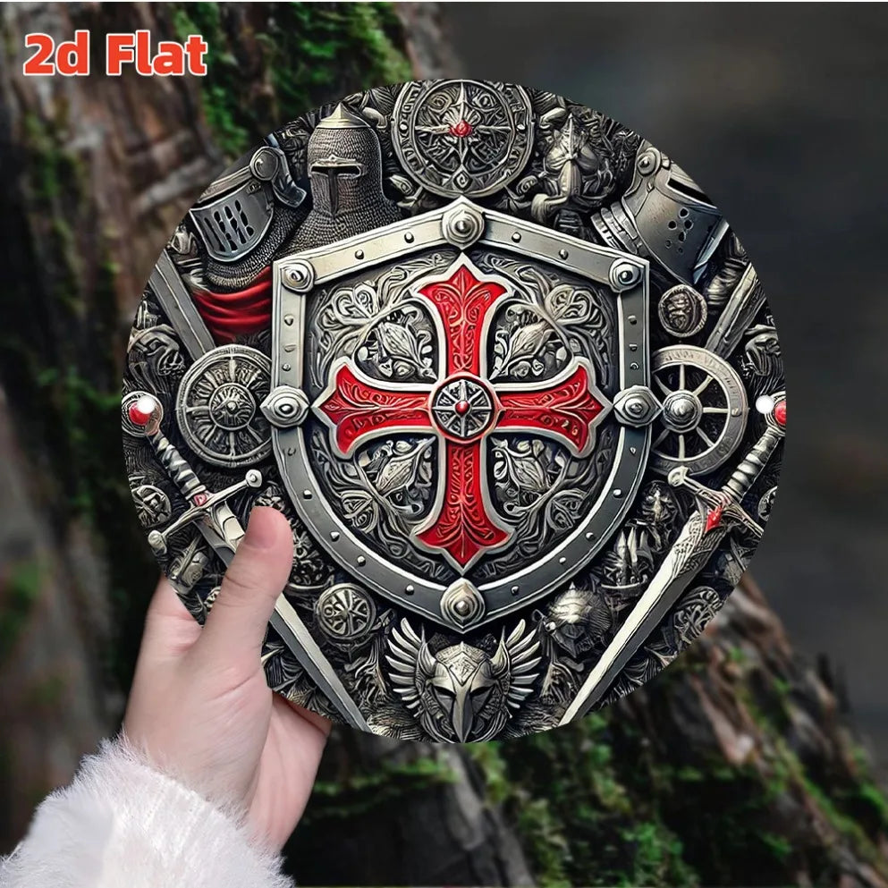 2D Flat Templar Knight Cross – Retro Medieval Style | Red Cross Emblem, Metallic Finish |Indoor/Outdoor Decor for Garage, Garden
