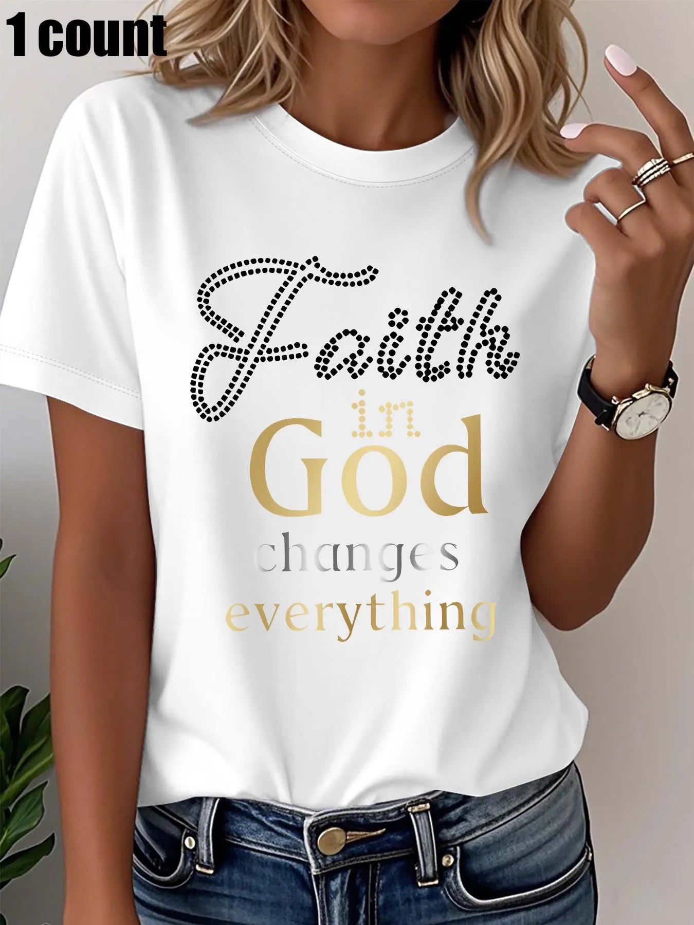 Plus Size Women's White T - Shirt with "Faith in God Changes Everything" Rhinestone Graphic Casual Loose Fit Short Sleeve Top